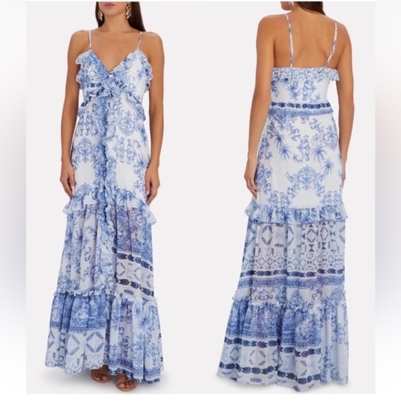 PatBO Amalfi Convertible White/Blue Printed Ruffle Chiffon Maxi Dress Size XS - Picture 1 of 17